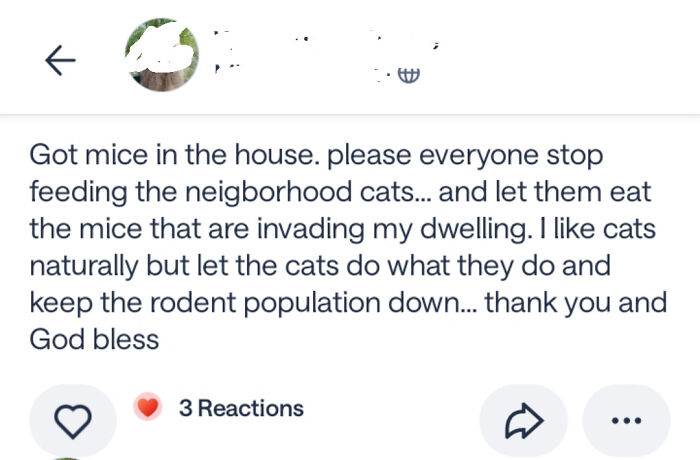 Screenshot of a wild neighbor post asking people to stop feeding neighborhood cats to control the rodent population.