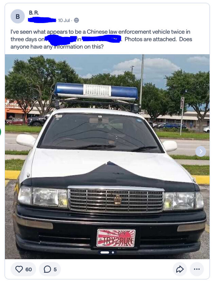 Screenshot of a wild post on the neighbors app showing a car resembling a law enforcement vehicle with a custom plate.