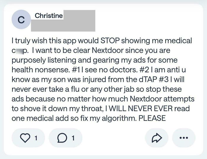 Screenshot of a wild post from the neighbors app expressing frustration over medical ads and algorithms.