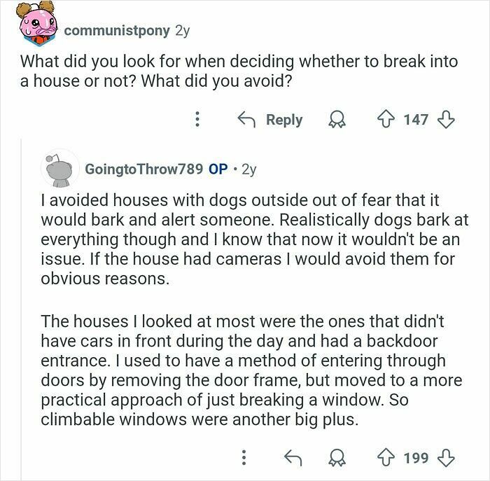 Former home burglars answering questions about how they chose targets and avoided security measures in a Reddit AMA.