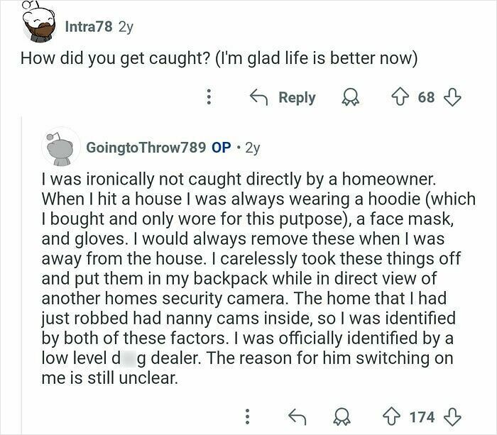 Reddit thread showing a former home burglar answering questions about how they got caught during a security camera scan.