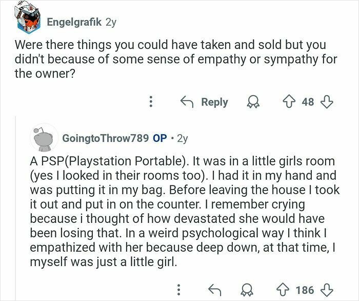 Comment thread from former home burglars sharing personal stories and answering people's questions about their experiences.