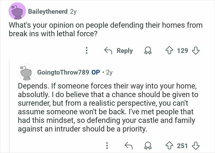 Reddit thread showing former home burglar answering questions on defending homes from break-ins with lethal force.