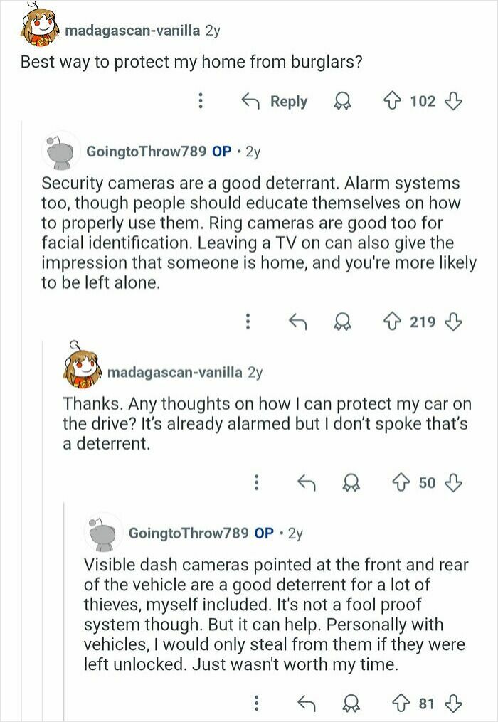 Reddit thread with former home burglars answering questions about protecting homes and cars from theft.