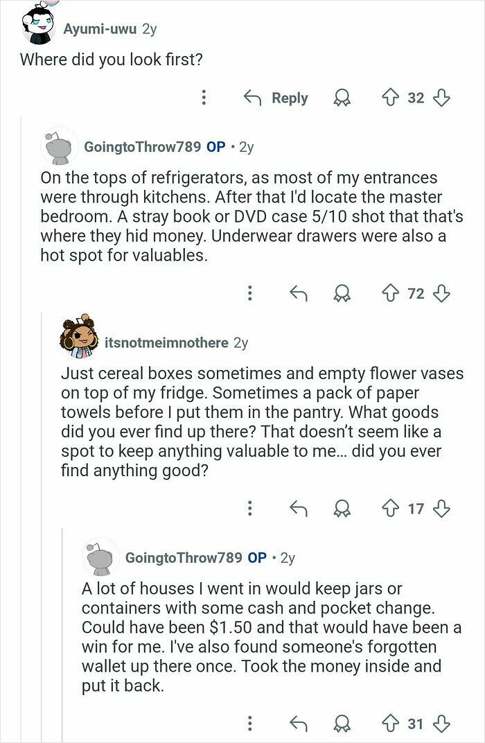 Reddit Q&A thread where former home burglars answer questions about common hiding spots for valuables.