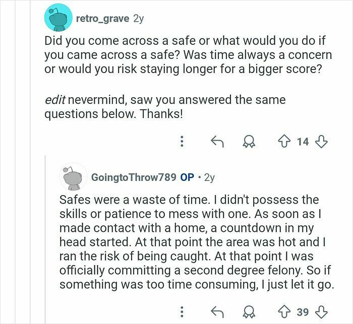 Reddit Q&A screenshot showing former home burglar discussing risks and decisions about safes during burglaries.