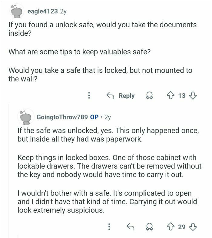 Reddit Q&A with former home burglars sharing tips on keeping valuables safe and handling unlocked safes.