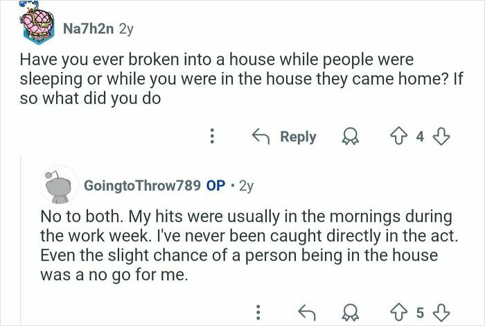 Screenshot of a former home burglar answering questions about breaking into houses and avoiding being caught.