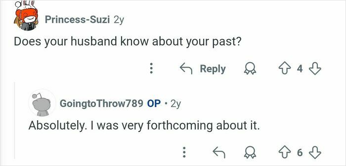 Reddit conversation showing a user asking about a husband knowing of a former home burglar's past.
