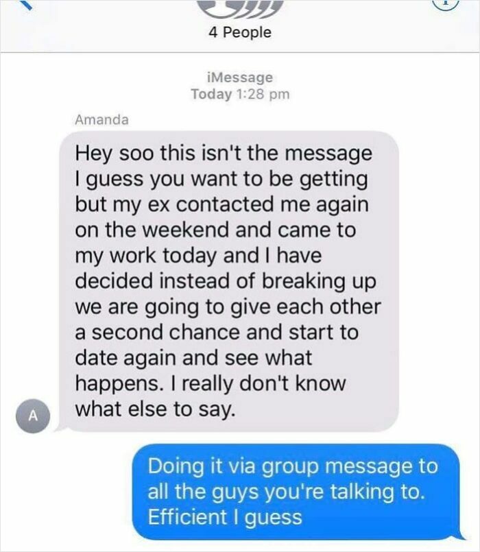 Group text conversation showing challenges of finding love online with awkward messages and second chances in dating.