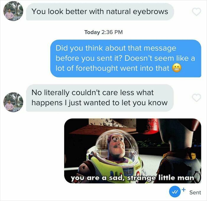 Online dating conversation showing blunt messages and a Toy Story meme, highlighting challenges of finding love online.
