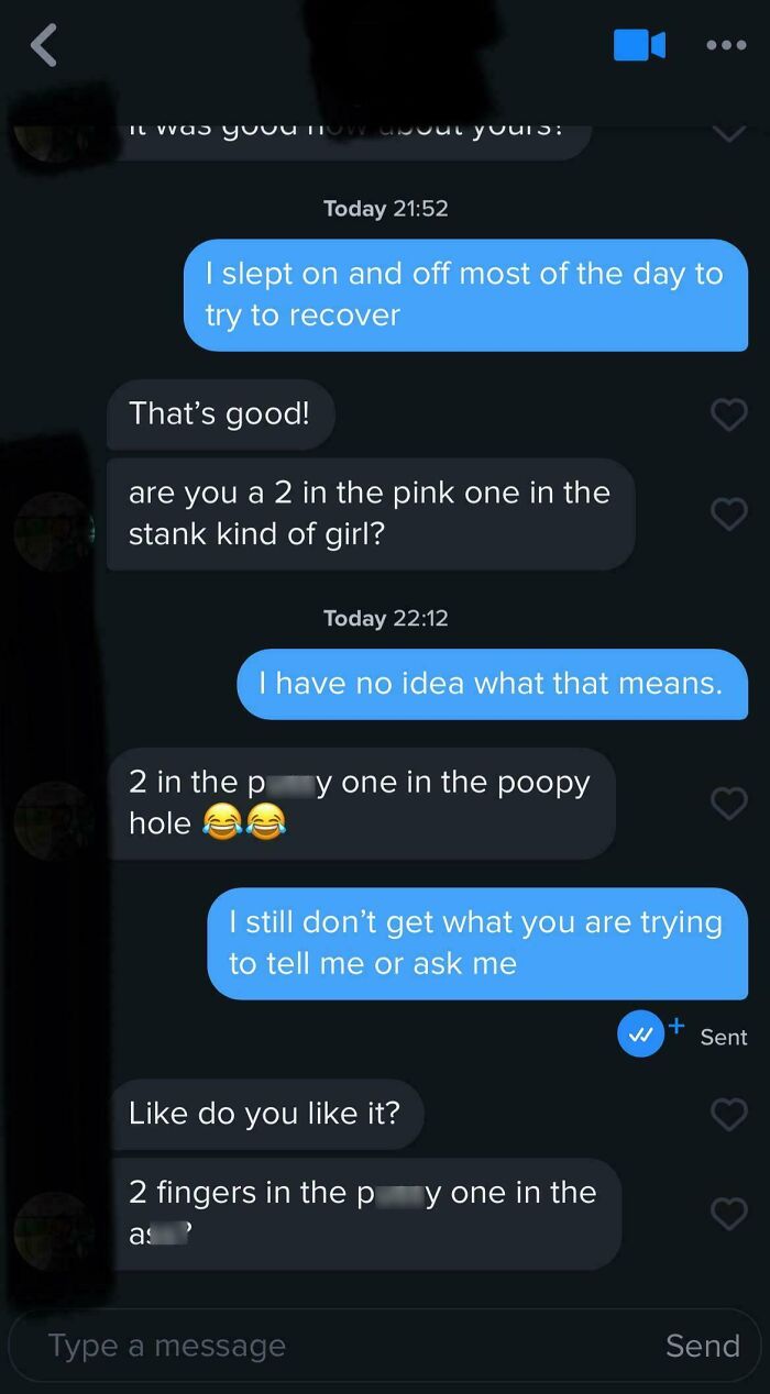 Online dating conversation showing confusing and explicit messages, highlighting why finding love online isn’t for the faint of heart.