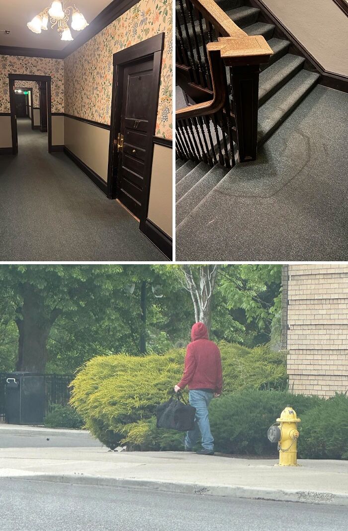 Indoor hallway and staircase with vintage decor, alongside a person in a red hoodie walking outside, neighbor tales in woods setting.