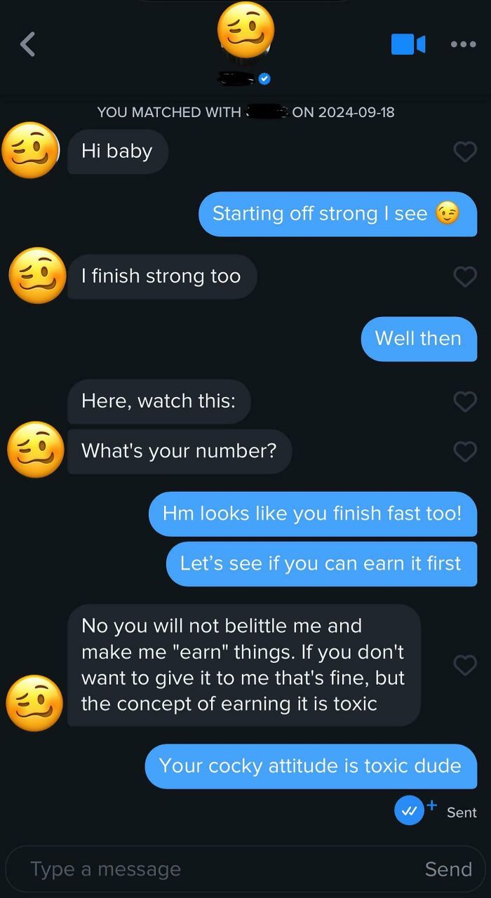 Online dating conversation with a toxic attitude showing why finding love online isn’t for the faint of heart.