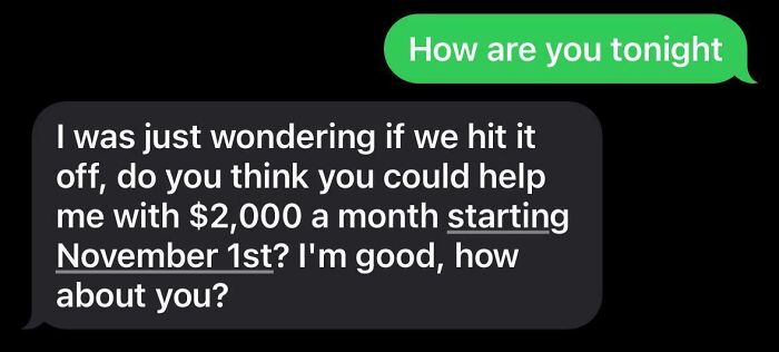 Text message conversation showing a request for $2,000 a month, illustrating challenges of finding love online.