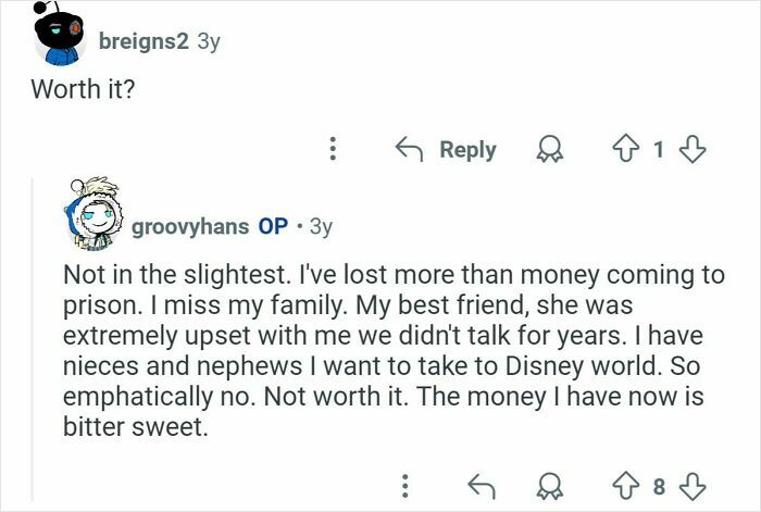 Screenshot of an online conversation with former home burglars sharing personal regrets and responses in a Q&A format.