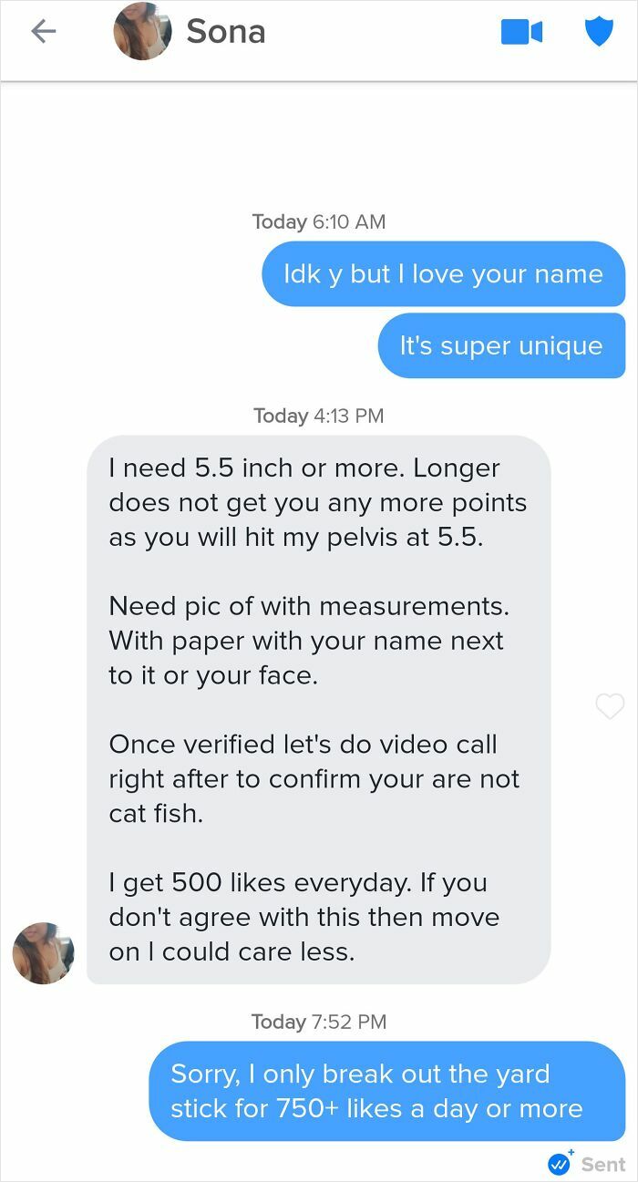 Text message exchange showing why finding love online isn’t for the faint of heart with strict demands and humor.