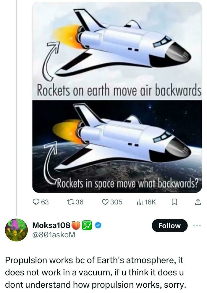 Illustration of rocket propulsion misconception, highlighting confident incorrect individuals roasting with science facts online.