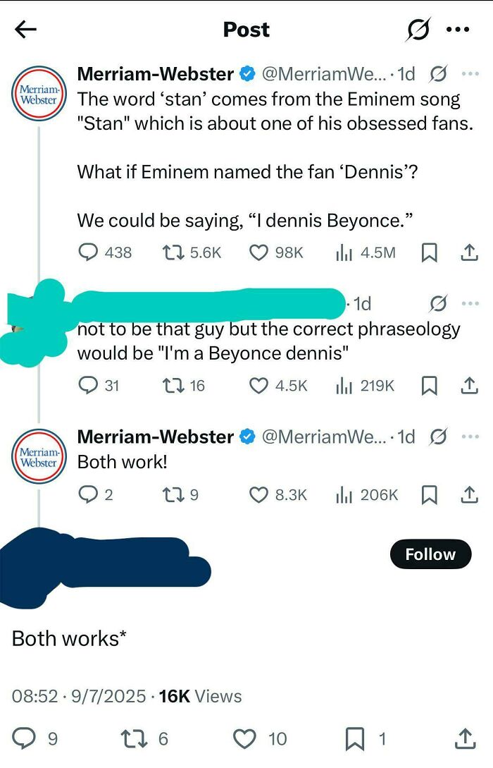 Tweet conversation roasting confidently incorrect language use about the word stan in an online group.