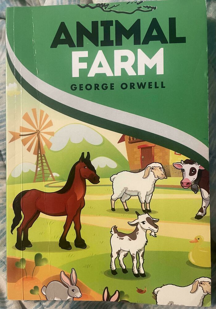 Book cover with cartoon farm animals including a horse, sheep, goat, and cow, illustrating funny awful book covers.