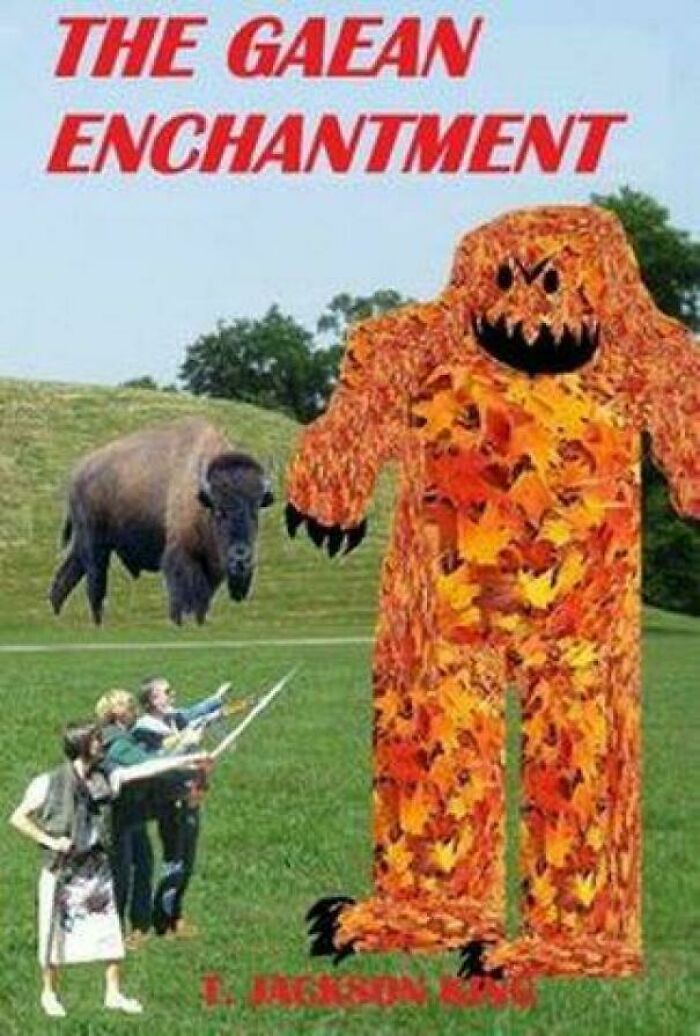 Book cover featuring a large leaf monster, three people with swords, and a bison in a grassy field, funny book covers.