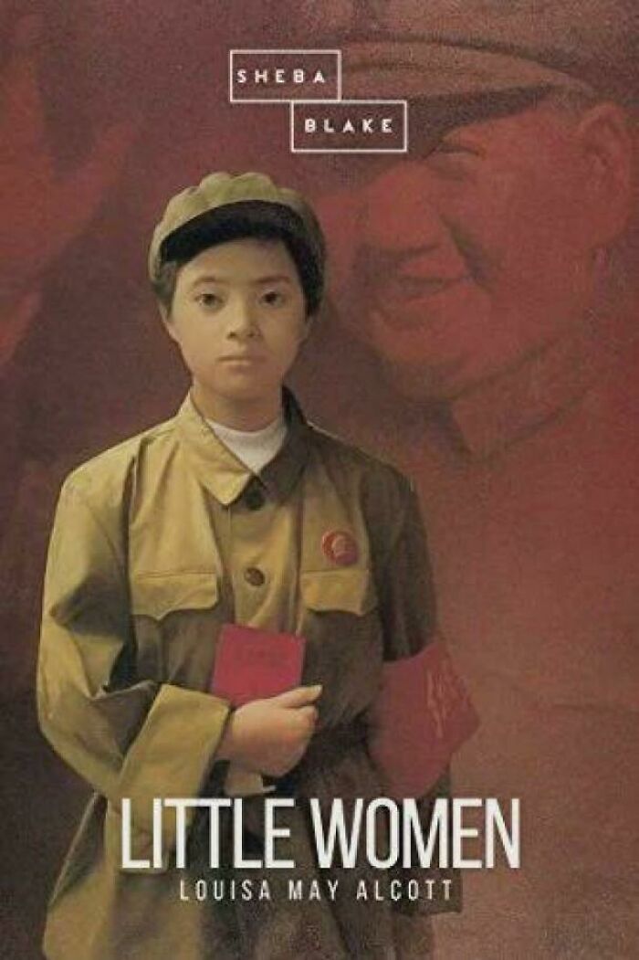 Book cover with a young person in military uniform holding a red book, an example of funny awful book covers.