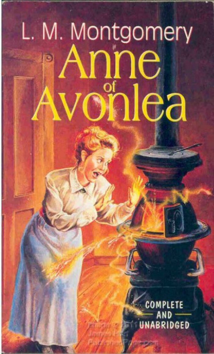 Book cover of Anne of Avonlea showing a woman startled by flames from a stove, an example of funny book covers.