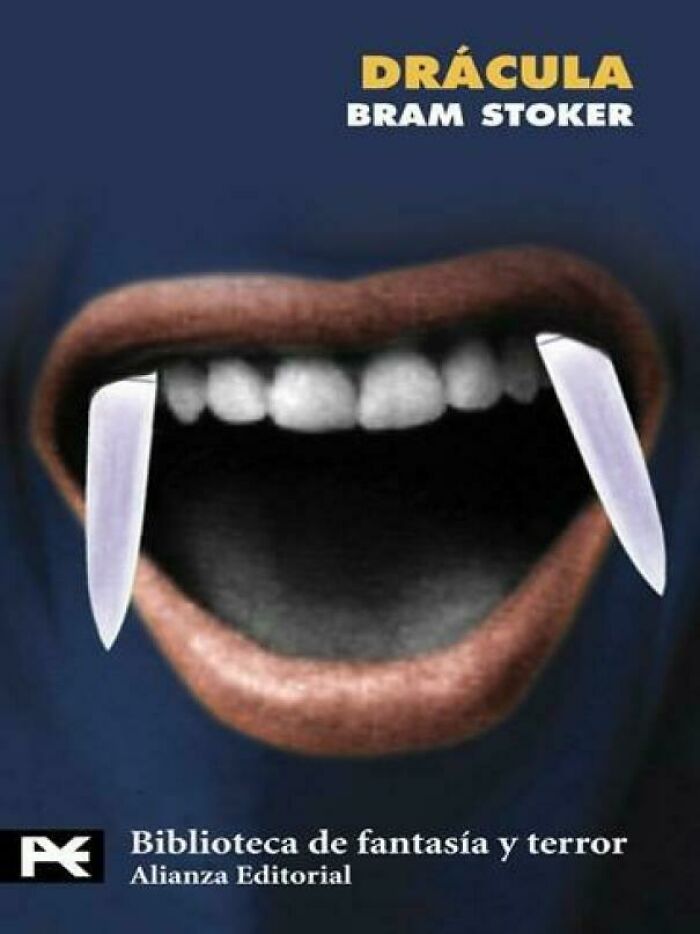 Book cover with oversized vampire fangs humorously edited onto open mouth, showcasing funny and awful book covers.