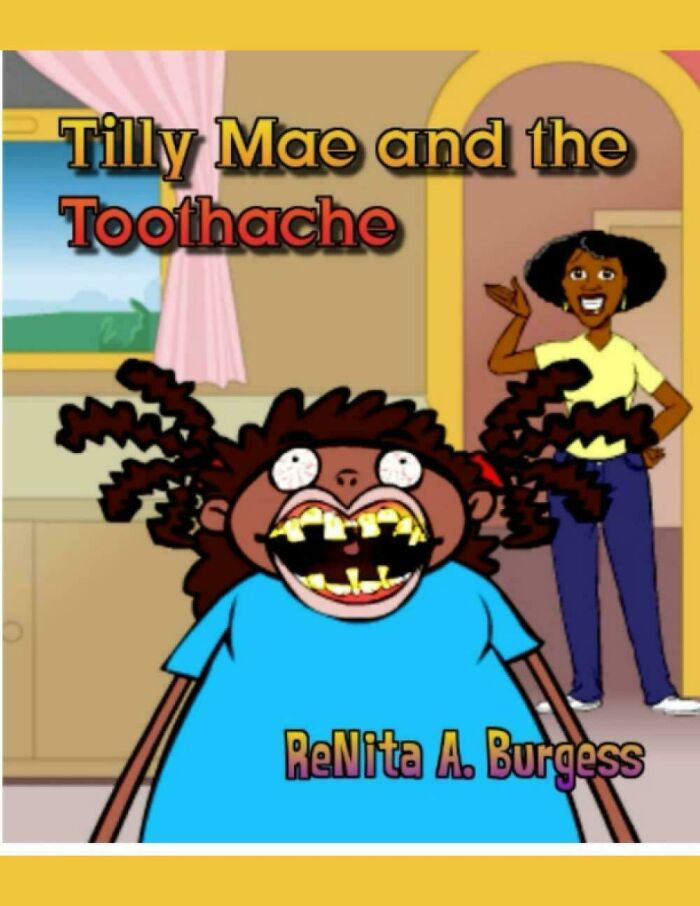 Cartoonish book cover of Tilly Mae with exaggerated teeth and an adult woman waving, an example of funny awful book covers.
