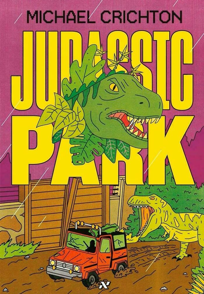 Book cover parody of Jurassic Park with cartoonish dinosaurs and a red jeep stuck in mud, illustrating funny awful book covers.