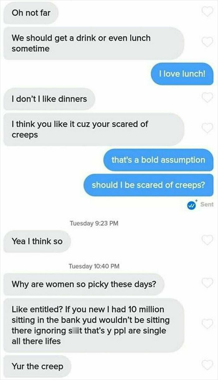 Text message conversation showing challenges of finding love online with messages about dinners, creeps, and pickiness.