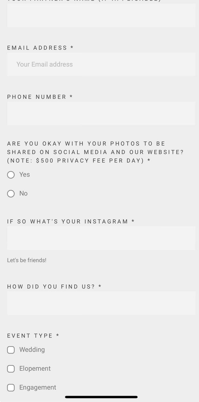 Wedding guest consent form with options for sharing photos on social media and event type selection including wedding, elopement, engagement.