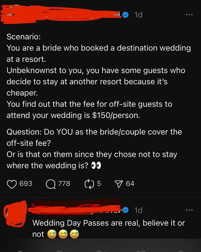 Social media post discussing a bride's dilemma over covering off-site fee for guests at a wedding.