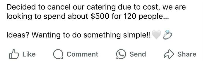 Screenshot of a social media post asking for simple wedding ideas after canceling catering to save money.