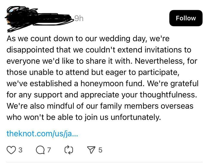 Text post about setting up a honeymoon fund instead of extending wedding invitations, shared on social media.