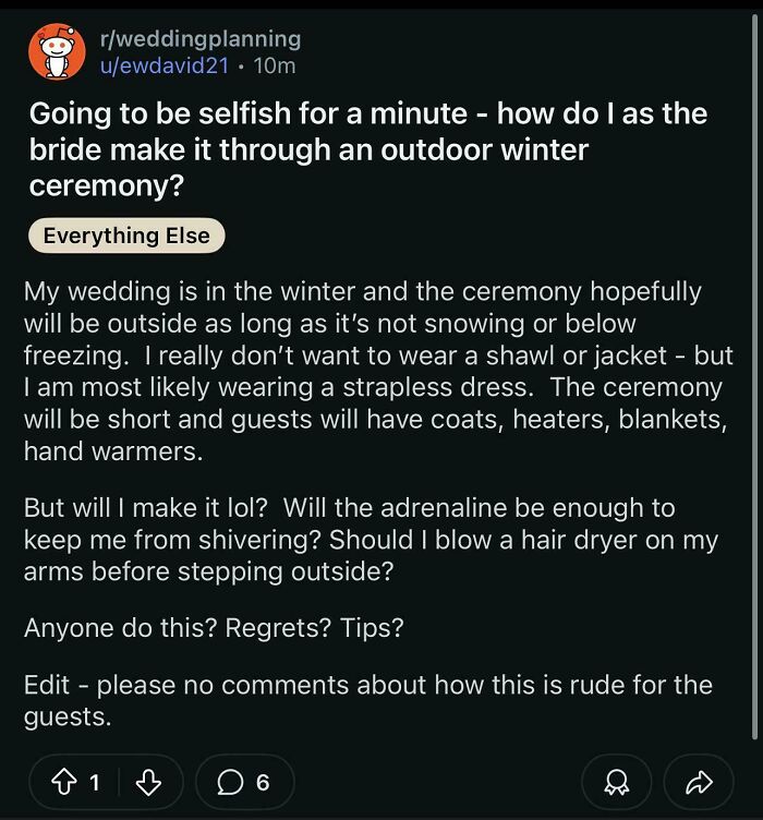 Reddit post asking how a bride can endure an outdoor winter wedding ceremony wearing a strapless dress without freezing.