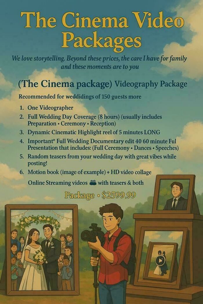 Wedding videography package details including cinematic highlight reel and full wedding coverage for capturing special moments.