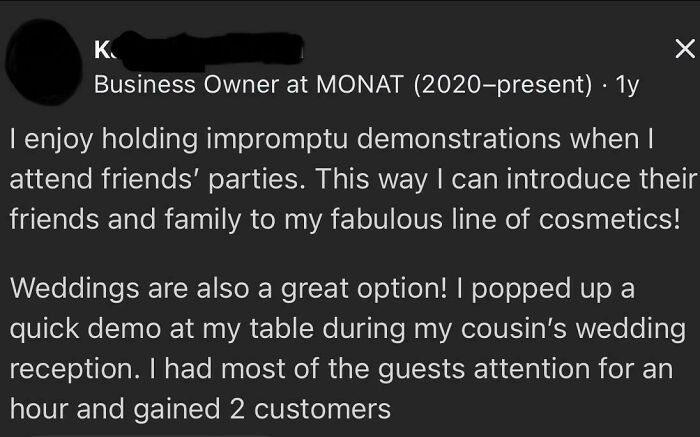 Comment from a business owner sharing how they use weddings to promote their cosmetics line and gain customers.