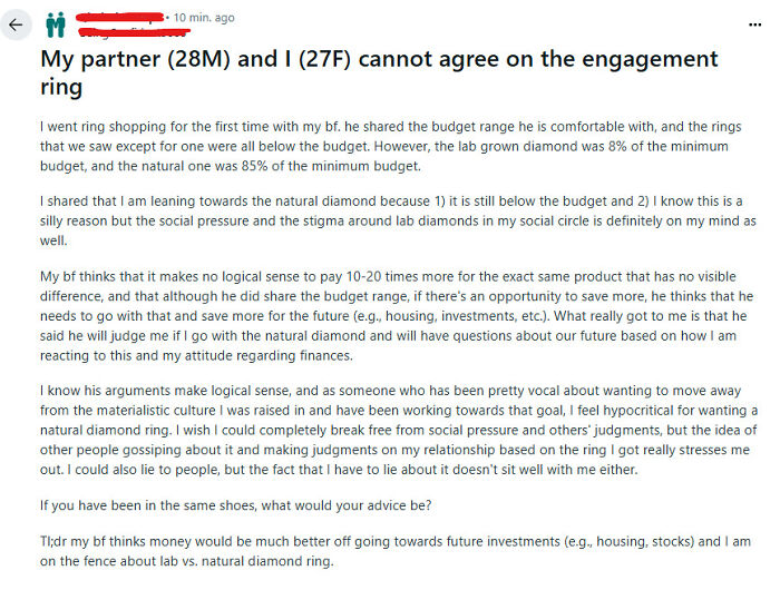 Couple debating engagement ring choice, highlighting social pressure and judgments around natural vs lab grown diamonds at weddings.