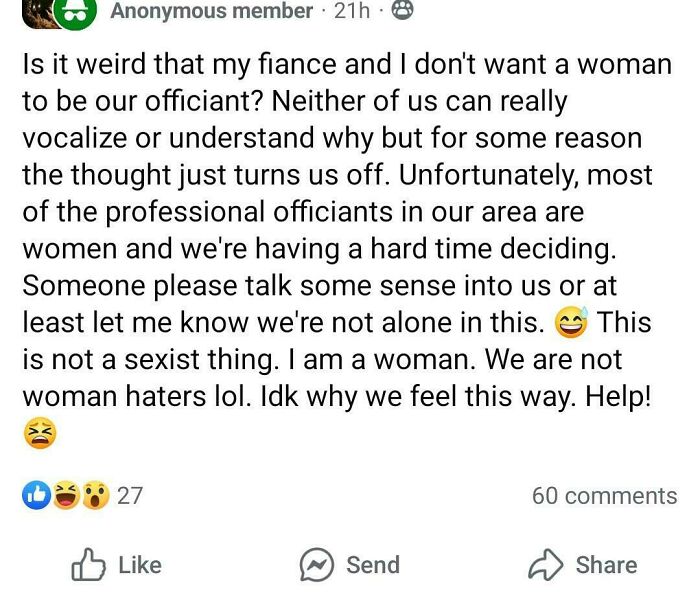 Screenshot of a social media post discussing wedding officiant preferences, related to shaming worst brides and grooms.