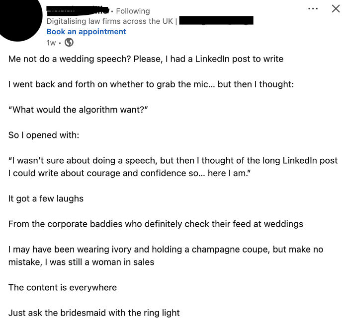 LinkedIn post sharing a humorous wedding speech moment, highlighting confidence amid wedding guests and corporate spectators.