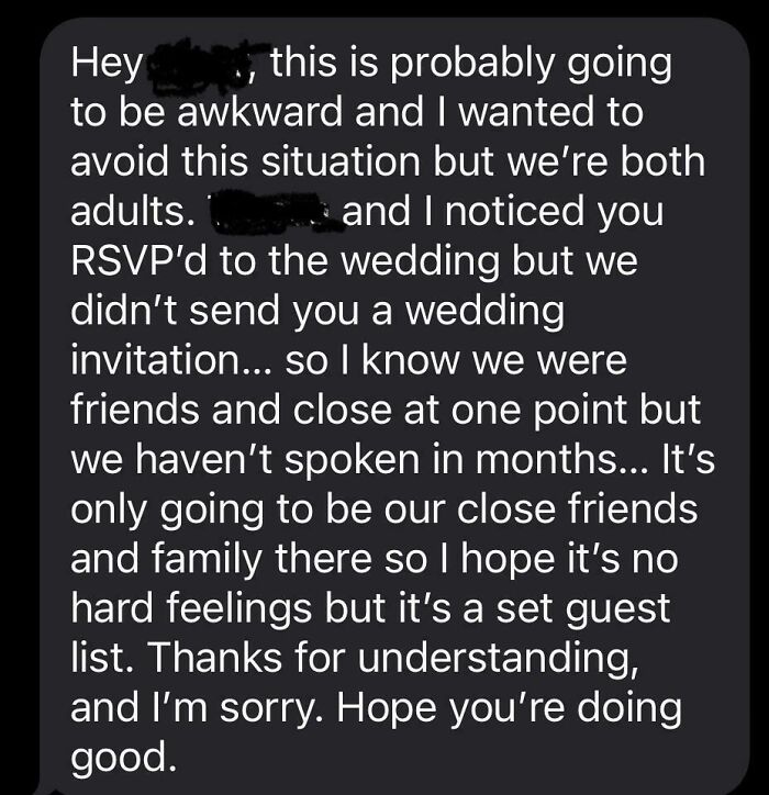 Text message showing someone confronting a wedding guest for RSVPing without an invitation, highlighting worst wedding guests.