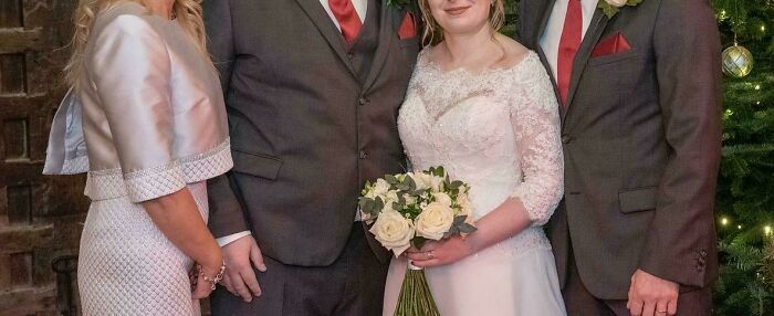 Bride in white lace dress holding bouquet with groom and guests in suits, showing wedding guests and brides shaming moments.