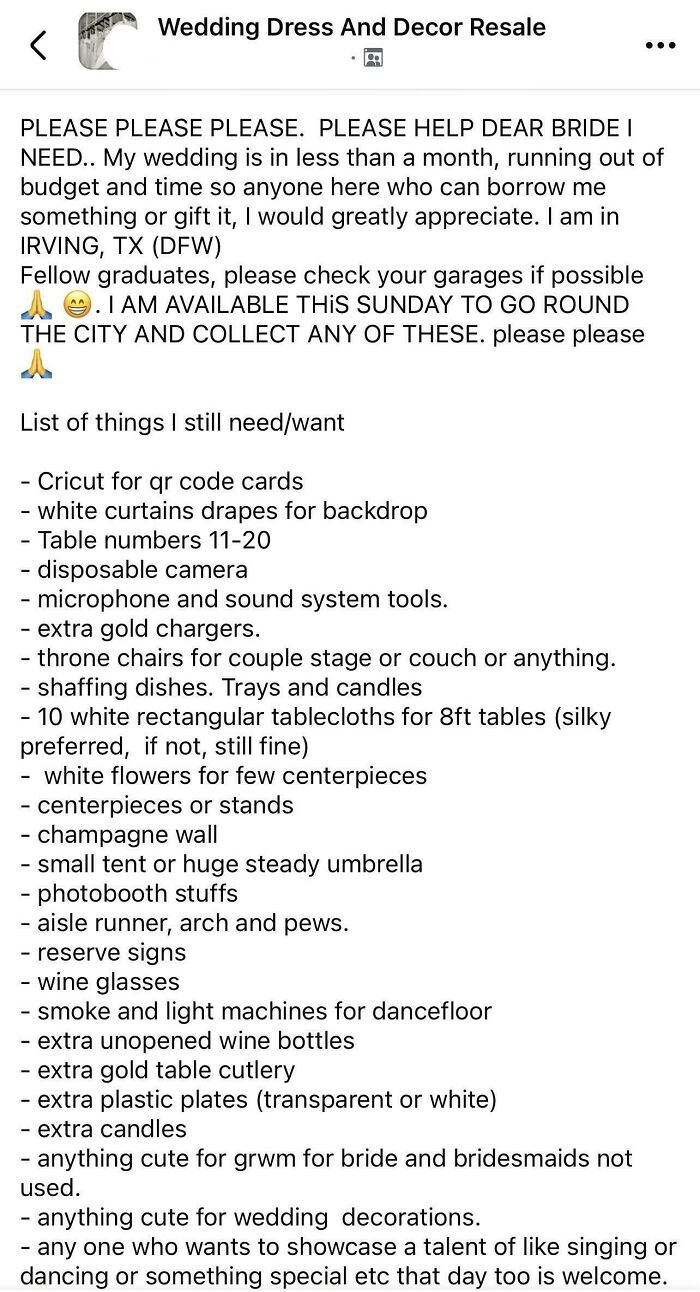Post asking for wedding decorations and supplies donations from brides and grooms in a wedding guests and decor resale group.