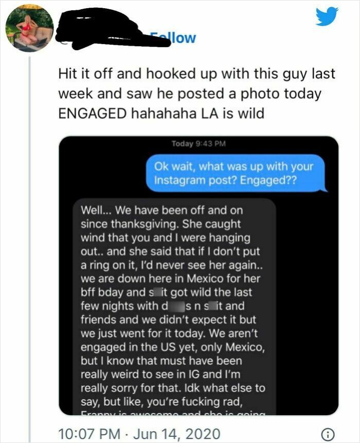 Online dating message exchange revealing unexpected engagement news, illustrating why finding love online isn’t for the faint of heart.
