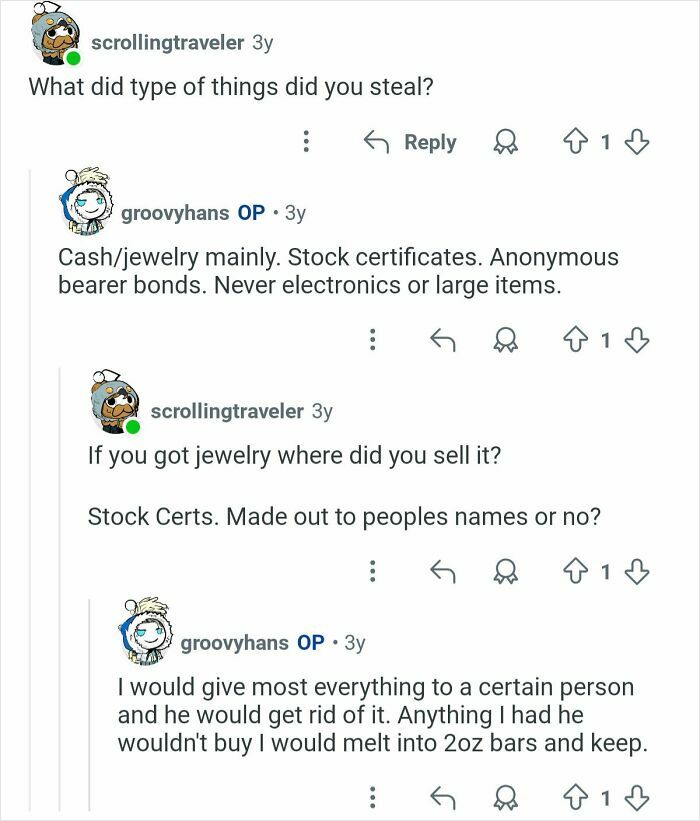 Reddit conversation showing former home burglars answering questions about stolen items and methods of disposal.