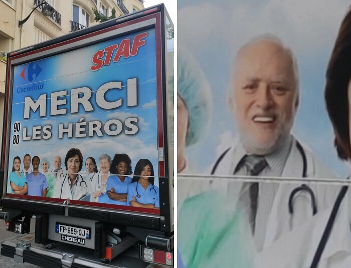 Advertising fail showing a doctor with an unrealistic facial expression in a healthcare appreciation poster.