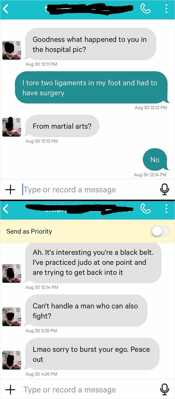 Text message exchange showing challenges of finding love online with discussions about injuries and martial arts skills.
