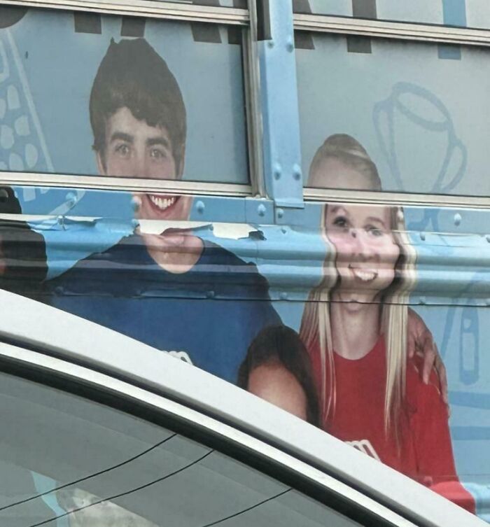 Distorted faces on a bus advertisement showing a funny example of unattainable body portrayal in advertising fails.