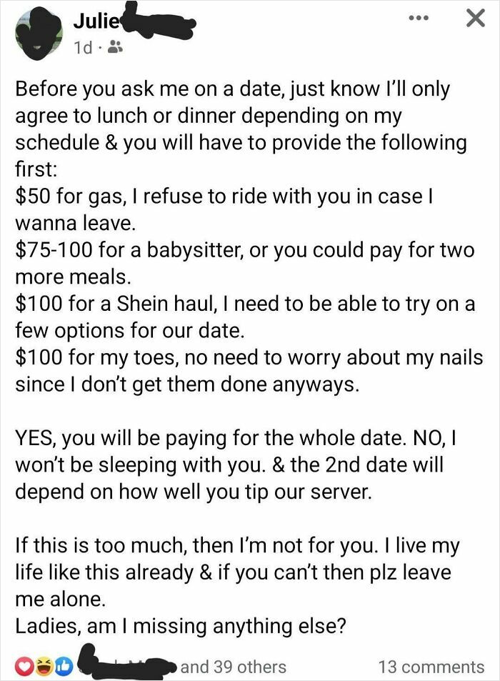 Social media post outlining strict conditions and costs for dating, highlighting challenges of finding love online.